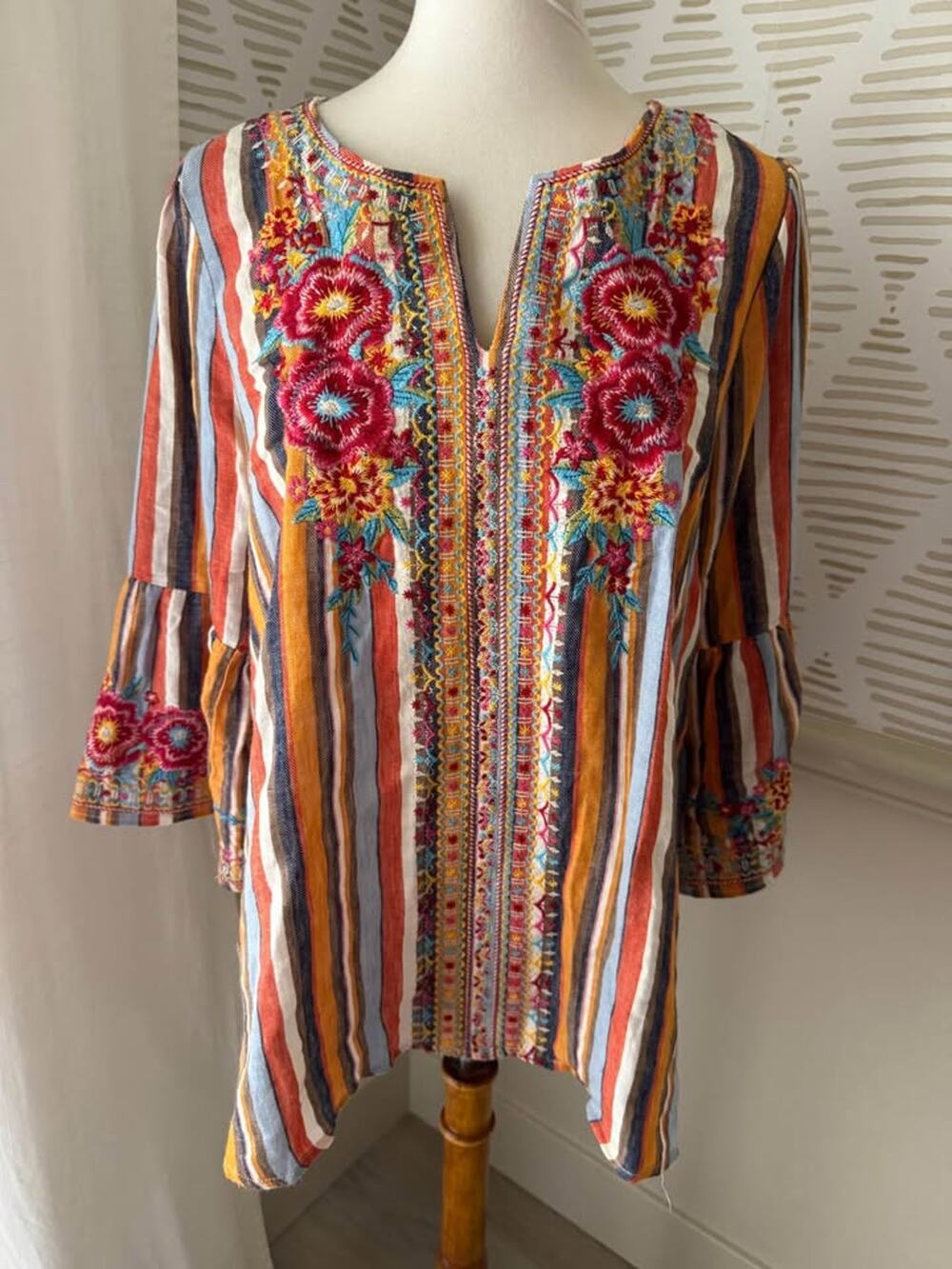 Savanna Jane Medium Boho Embroidered Striped Bell Sleeve Tunic Top Blouse